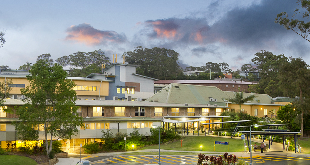 Buderim Private Hospital exterior at dusk, Sunshine Coast