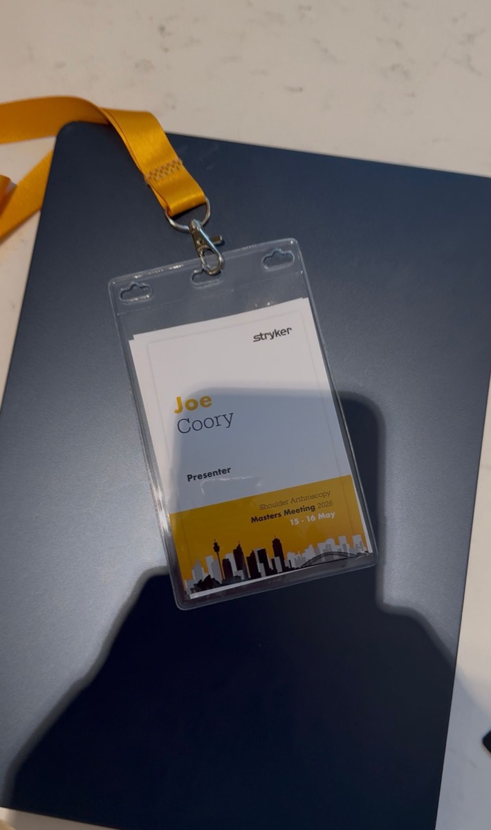 Joe Coory — Presenter — name badge from the Stryker Shoulder Arthroscopy Masters Meeting, Sydney, 15–16 May 2026.